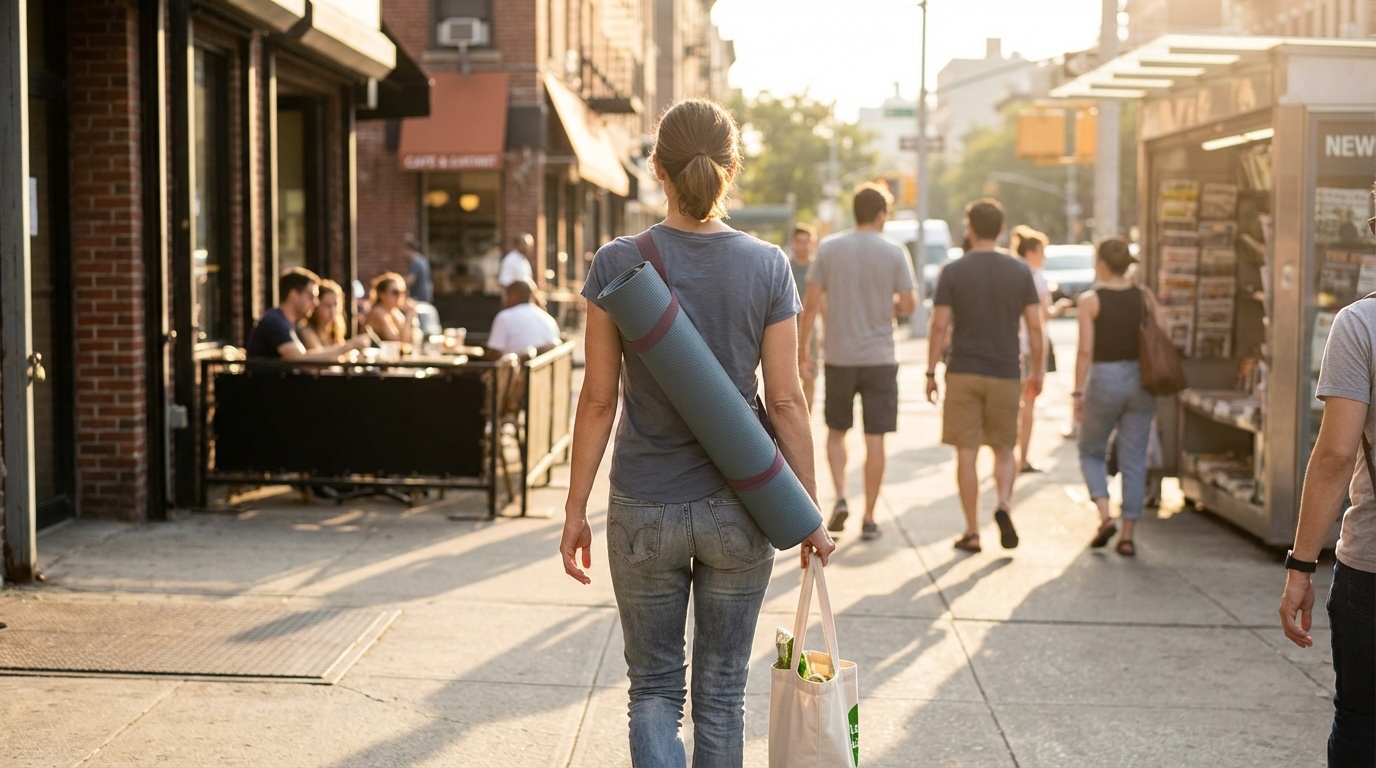 Yoga practitioner walking through city street