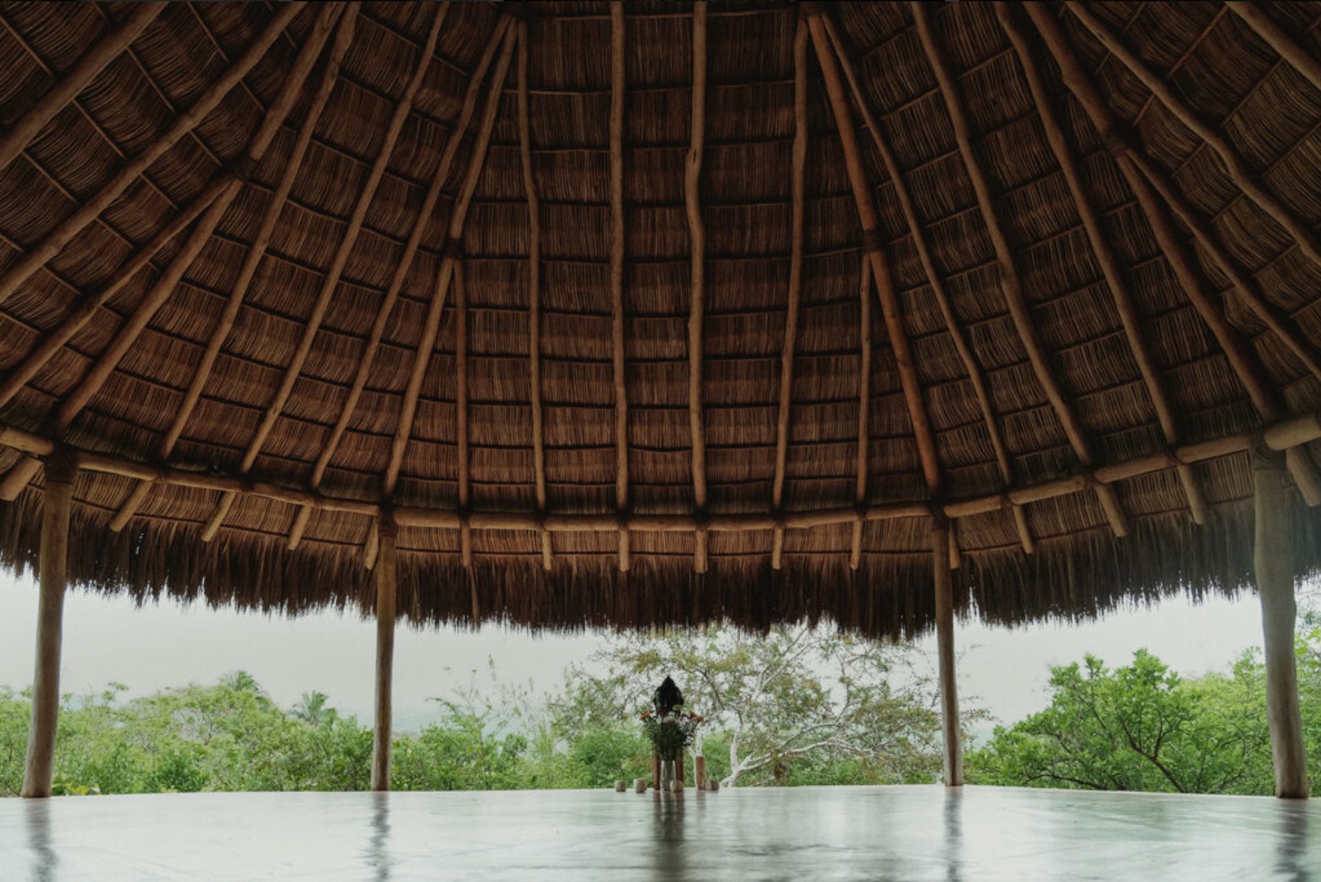 Open-air yoga shala with thatched roof overlooking tropical forest
